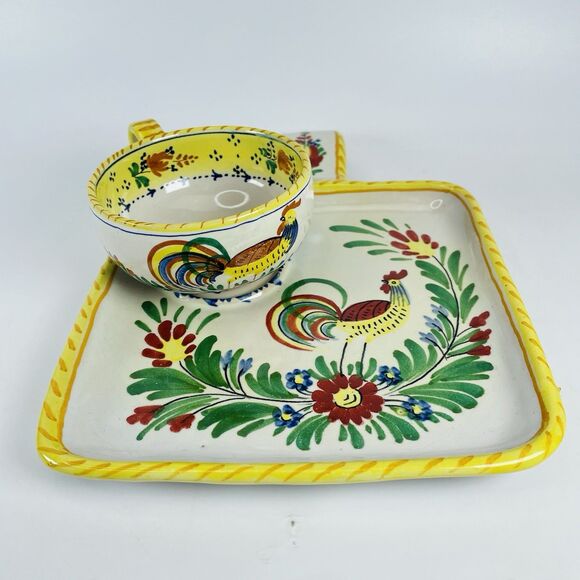 Italy Pottery Majolica Snack Set Tray Cup Galletto Rooster Design Terracotta VTG - Picture 2 of 16